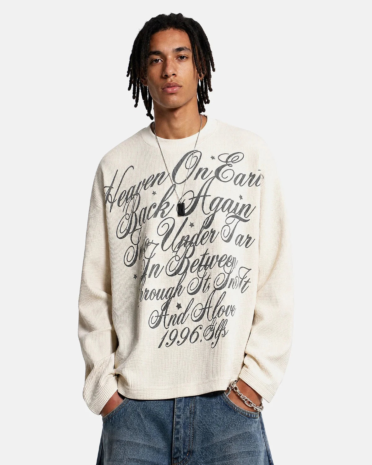 Omygoods Distressed Script Graphic Waffle Long Sleeve Shirt