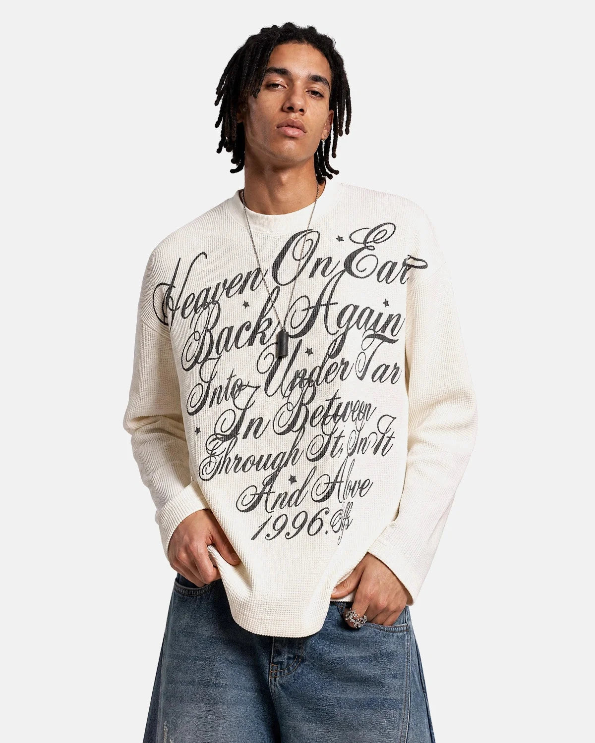 Omygoods Distressed Script Graphic Waffle Long Sleeve Shirt