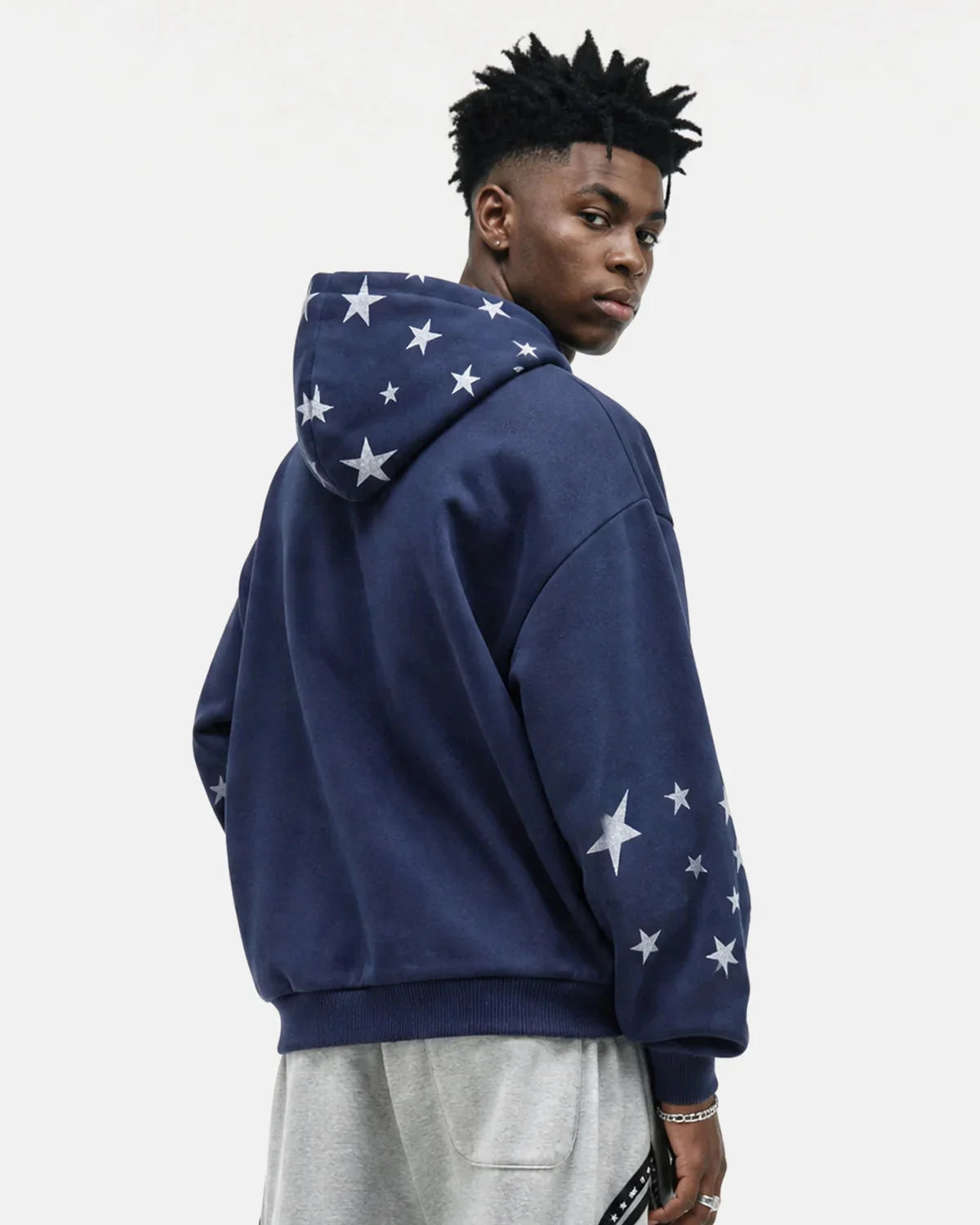 Omygoods Distressed Star Boxy Zip Up Hoodie