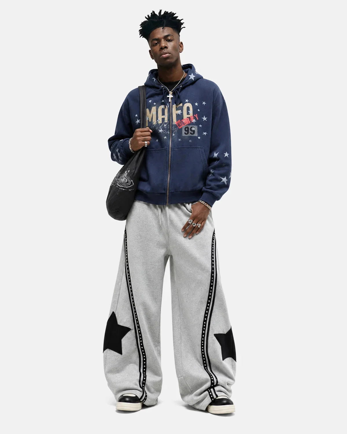 Omygoods Distressed Star Boxy Zip Up Hoodie