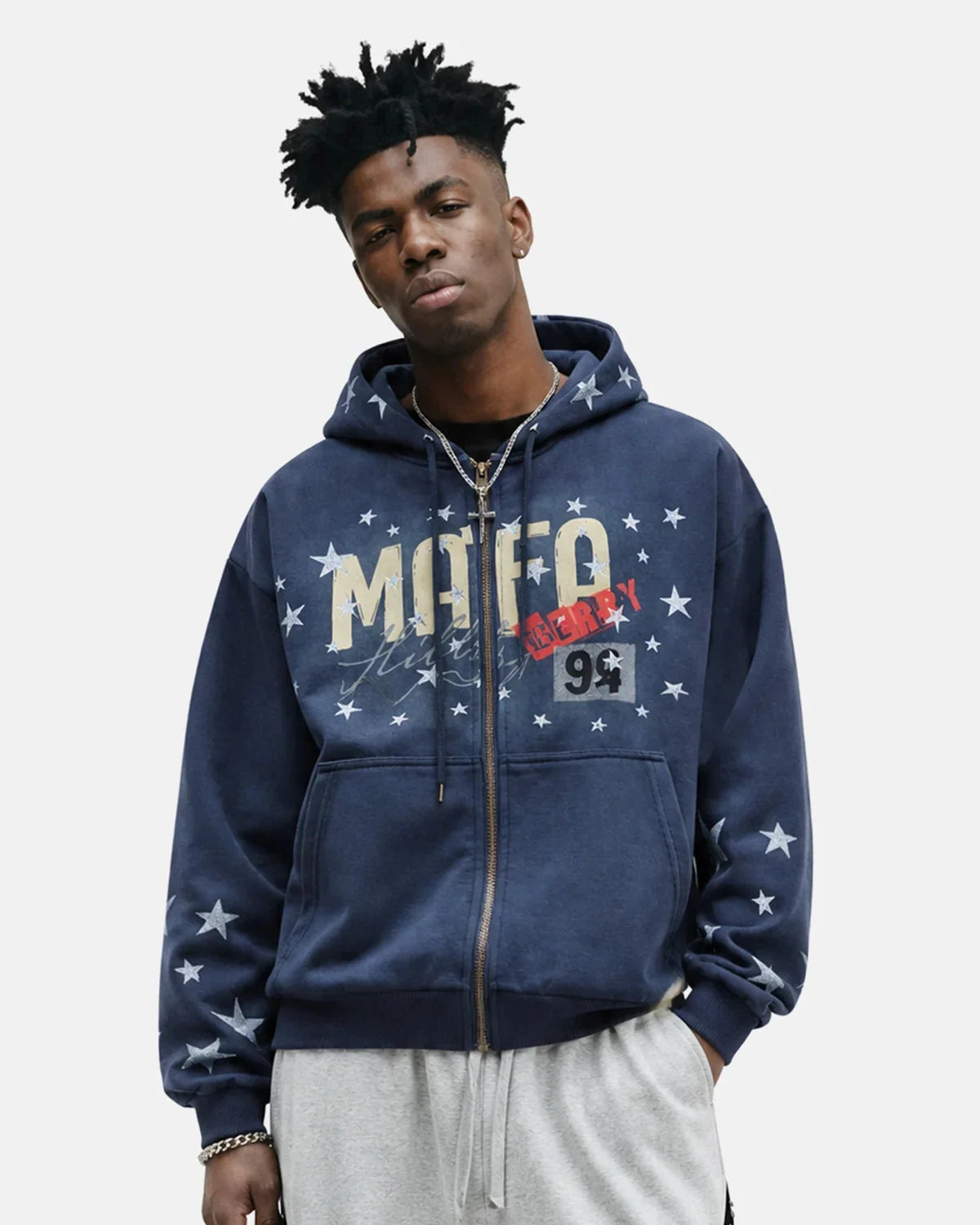 Omygoods Distressed Star Boxy Zip Up Hoodie