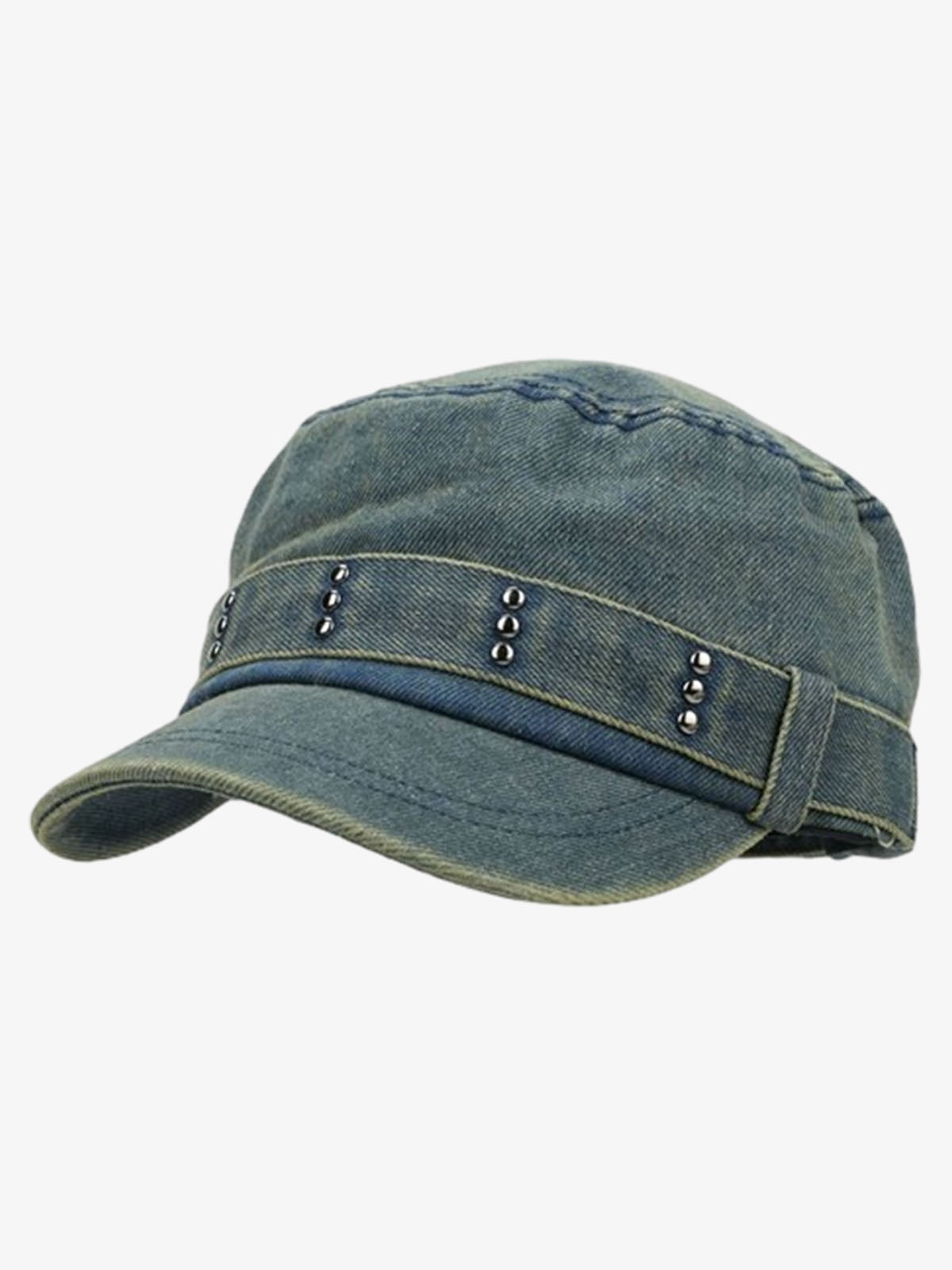 Omygoods Distressed Stud Detail Cotton Flat Top Cap