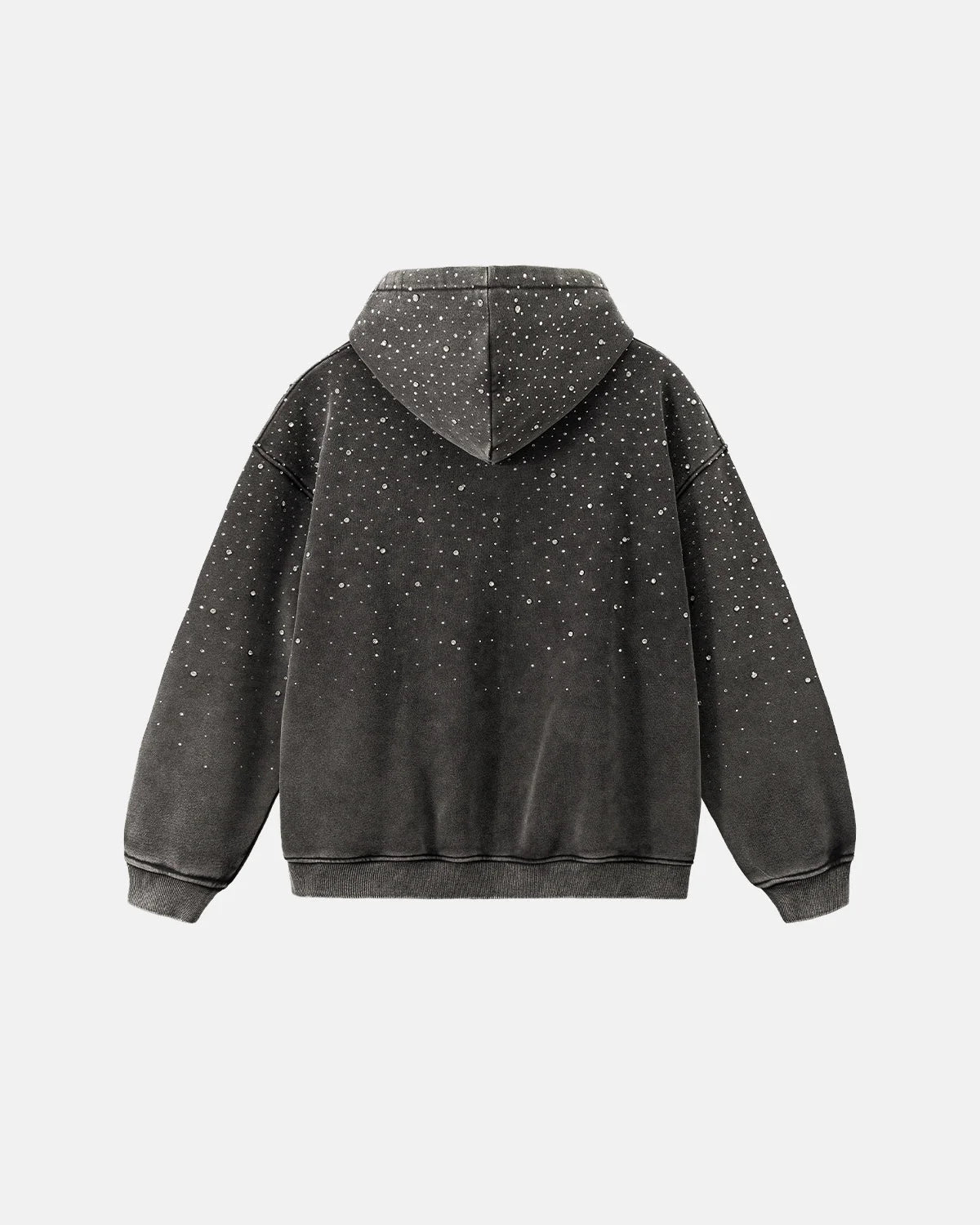 Omygoods Distressed Washed Fleece Rhinestone Zip Up Hoodie