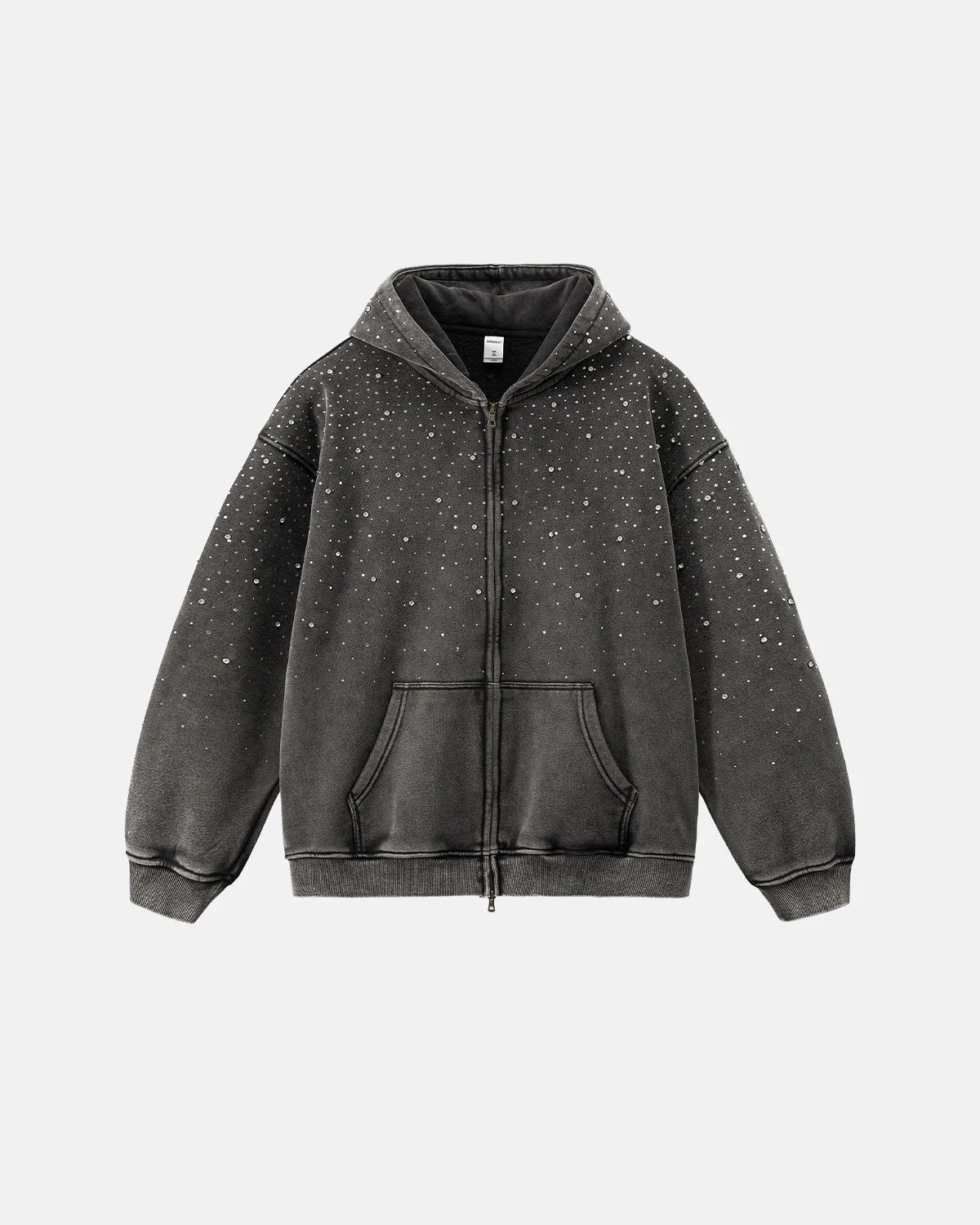 Omygoods Distressed Washed Fleece Rhinestone Zip Up Hoodie