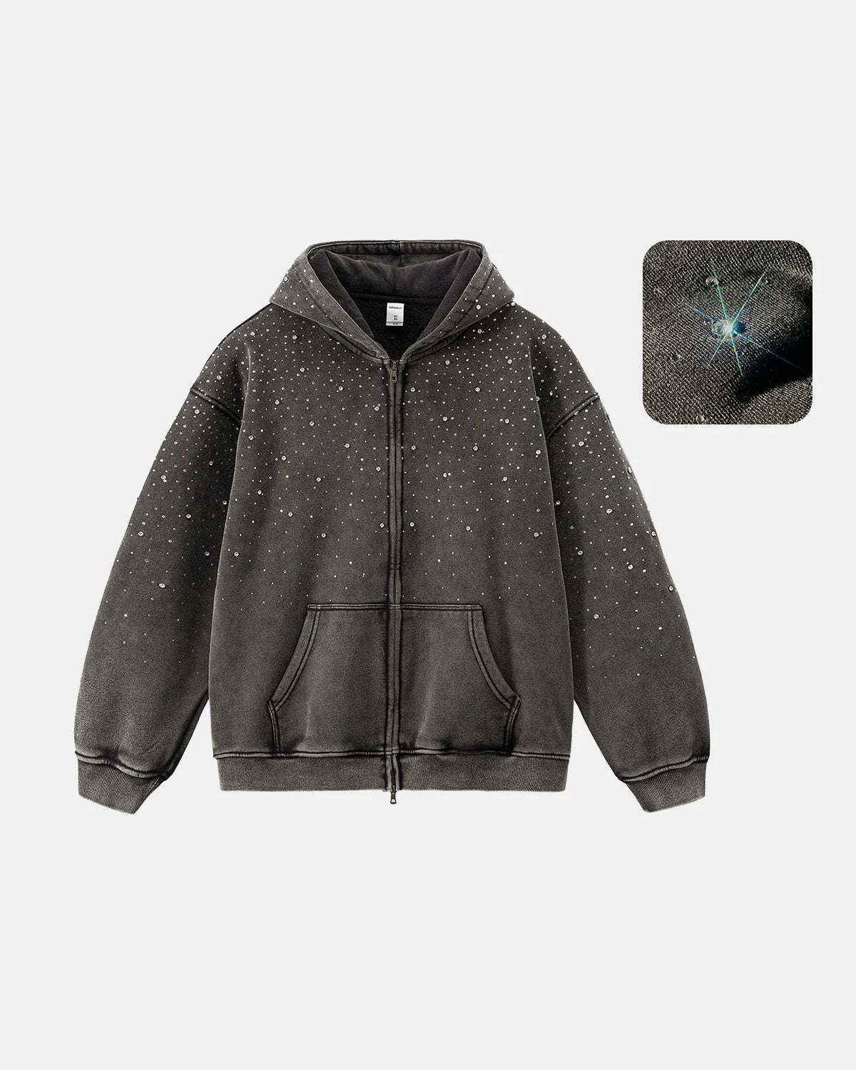 Omygoods Distressed Washed Fleece Rhinestone Zip Up Hoodie