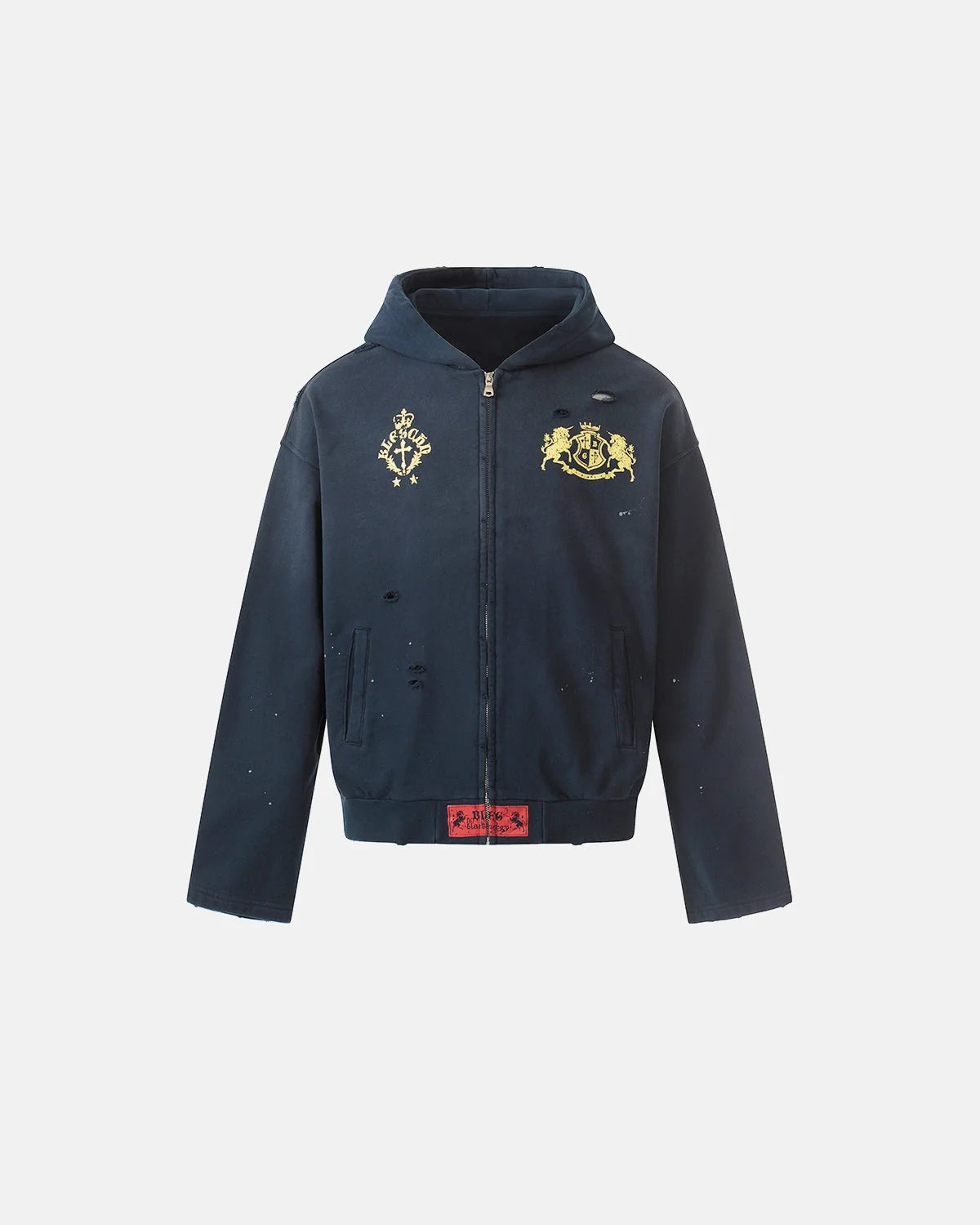 Omygoods Distressed Washed Printed Zip Up Hoodie