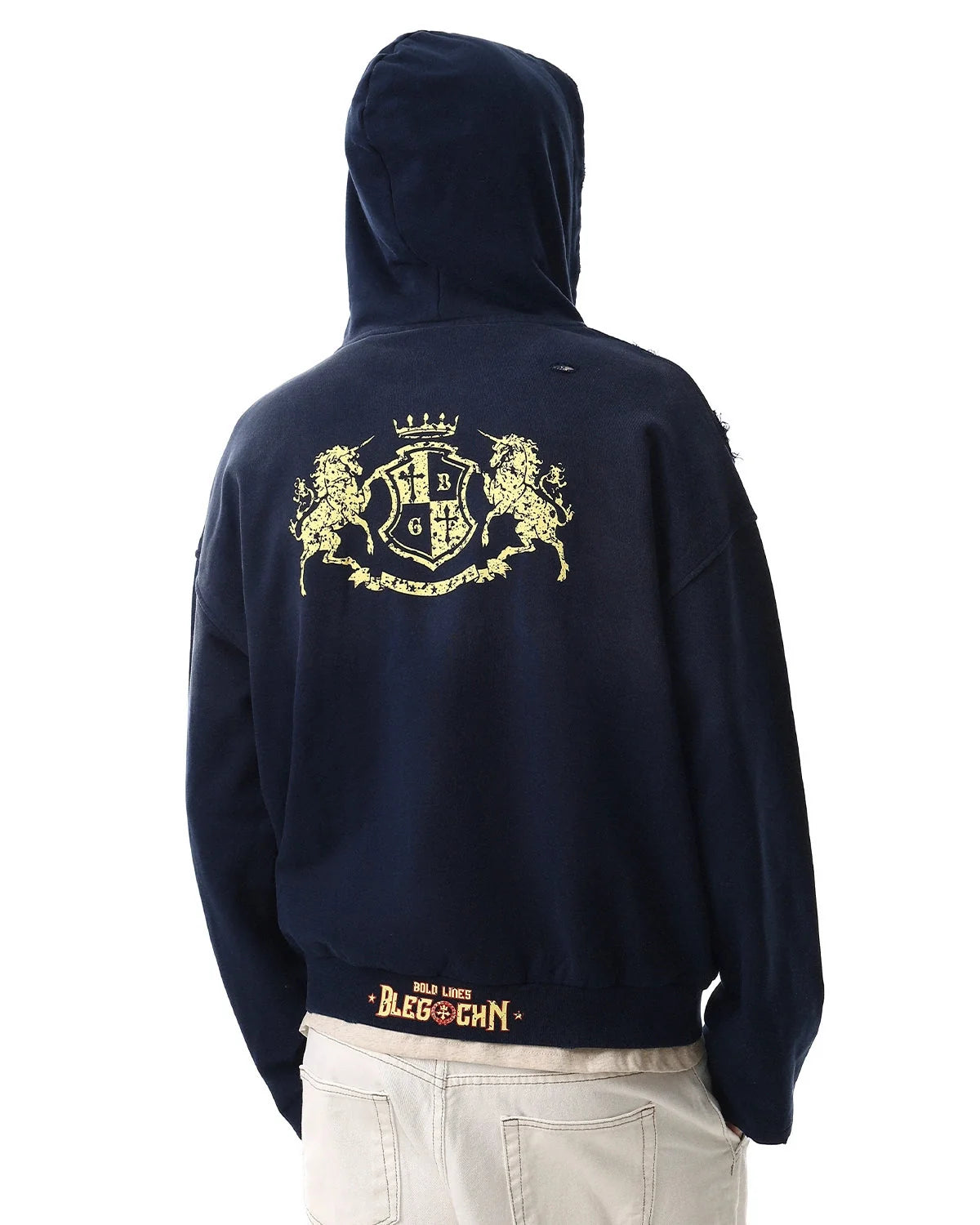 Omygoods Distressed Washed Printed Zip Up Hoodie