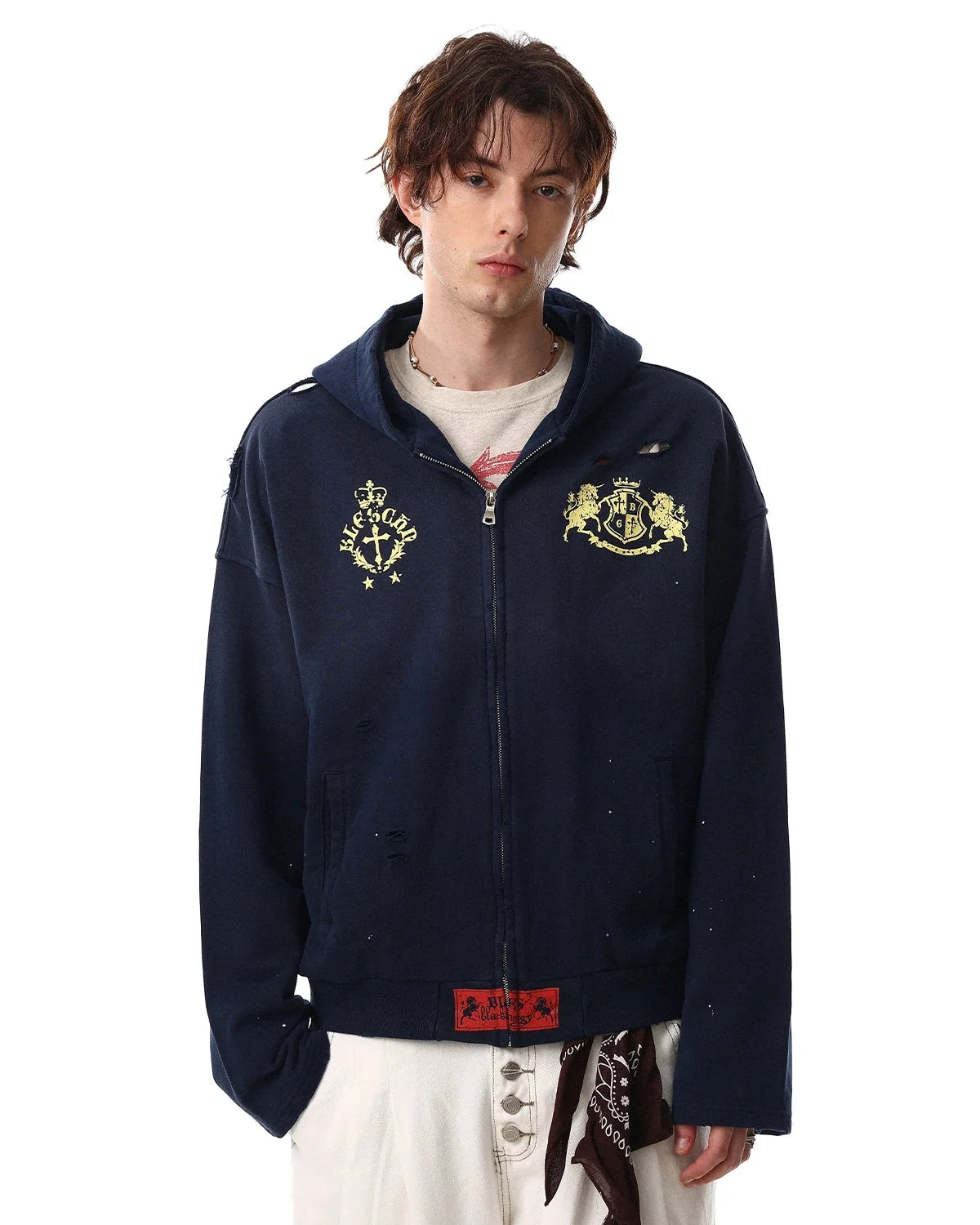 Omygoods Distressed Washed Printed Zip Up Hoodie