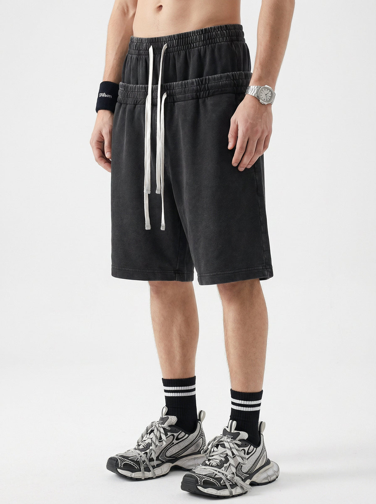 Omygoods Double Waist Acid Wash Sweat Shorts