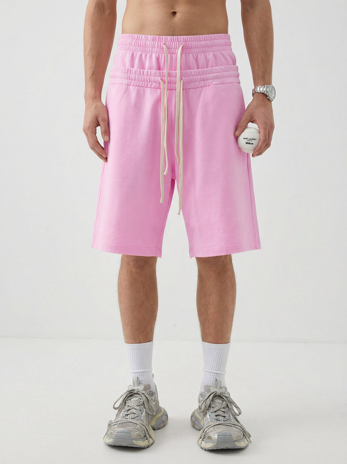 Omygoods Double Waist Acid Wash Sweat Shorts