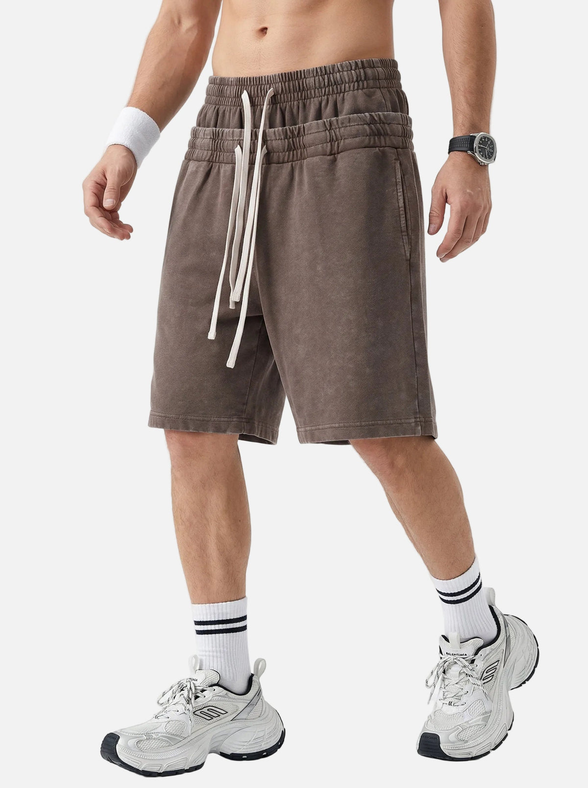 Omygoods Double Waist Acid Wash Sweat Shorts