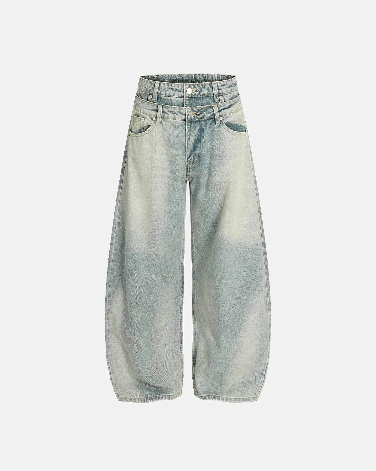 Omygoods Double Waist Acid Washed Baggy Jeans