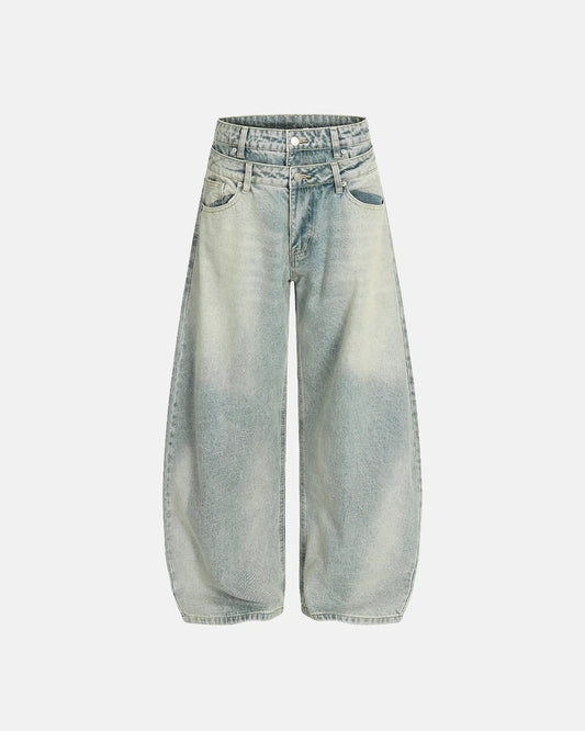 Omygoods Double Waist Acid Washed Baggy Jeans