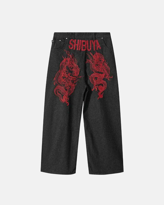 Omygoods Dragon Embroidered Baggy Jeans