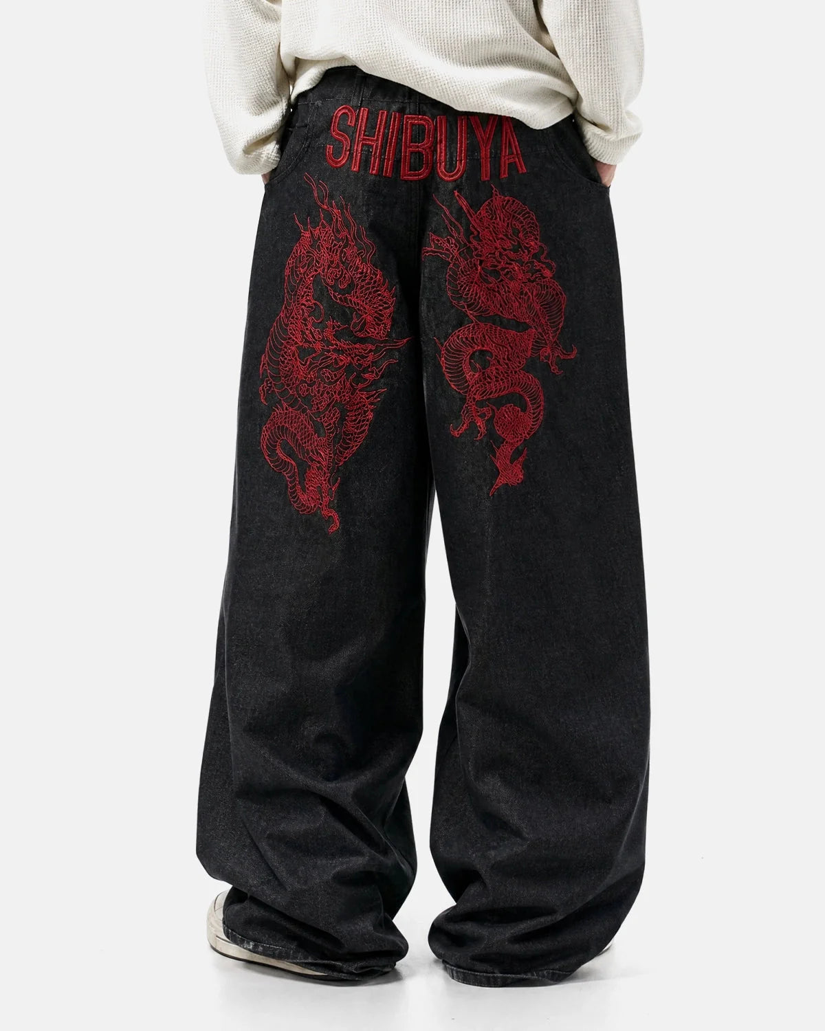 Omygoods Dragon Embroidered Baggy Jeans
