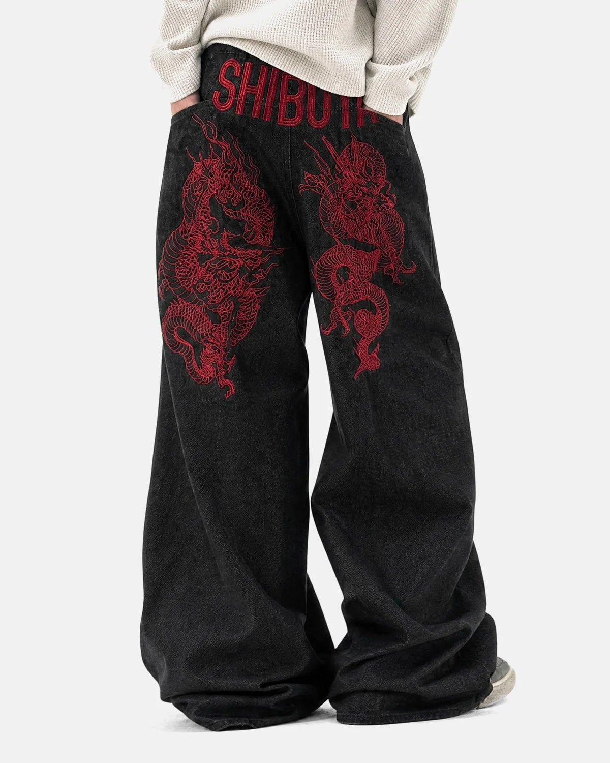 Omygoods Dragon Embroidered Baggy Jeans