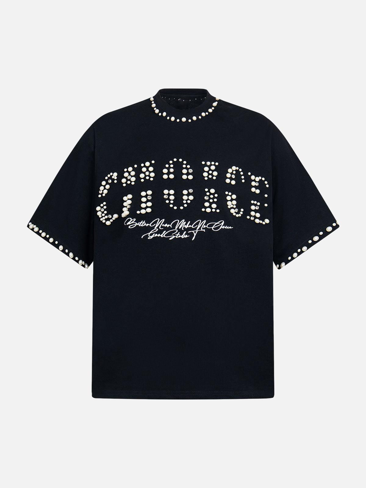 Omygoods Elegant Pearl-Embellished Oversized T-Shirt