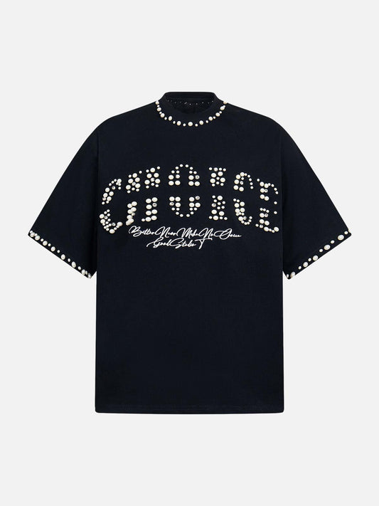 Omygoods Elegant Pearl-Embellished Oversized T-Shirt