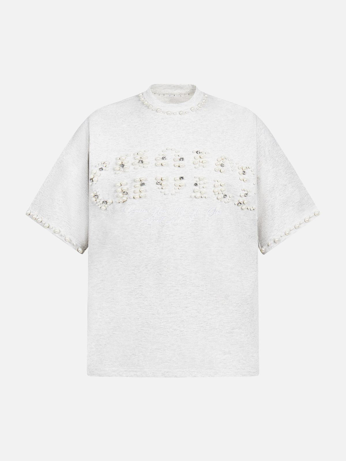 Omygoods Elegant Pearl-Embellished Oversized T-Shirt