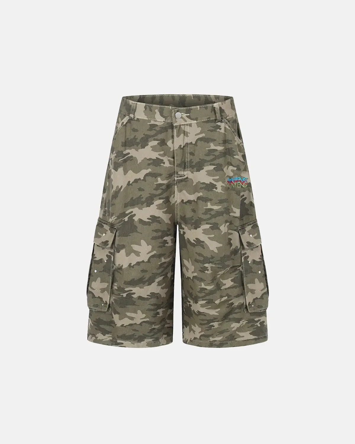Omygoods Embroidered Camo Cargo Longline Shorts