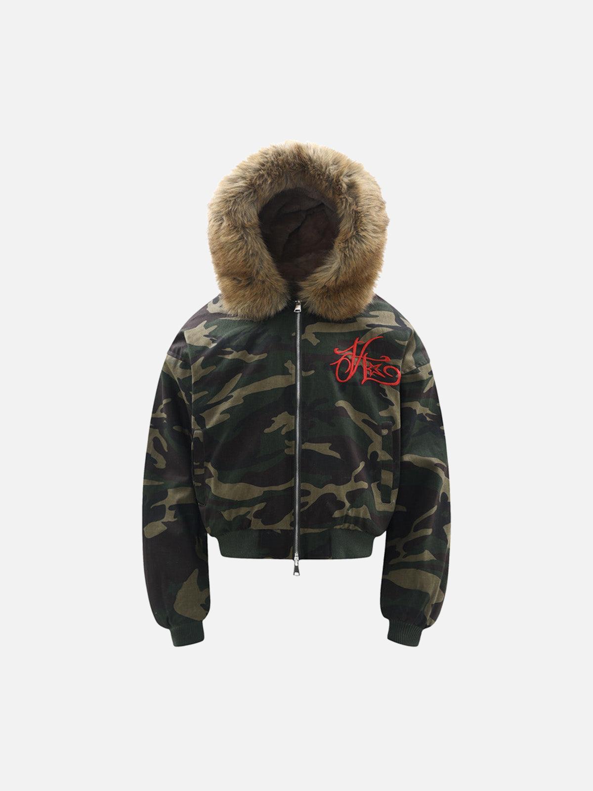 Omygoods Embroidered Detachable Fur Hooded Jacket