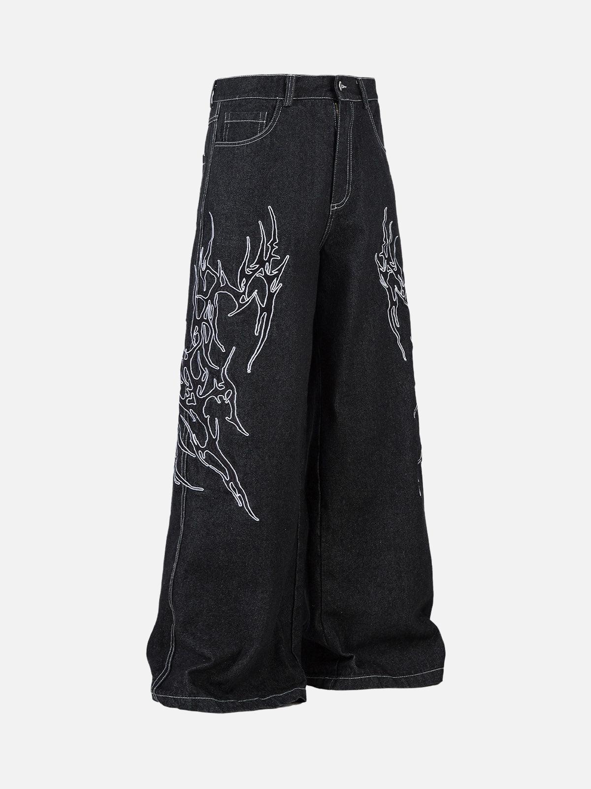 Omygoods Embroidered Flame Baggy Jeans