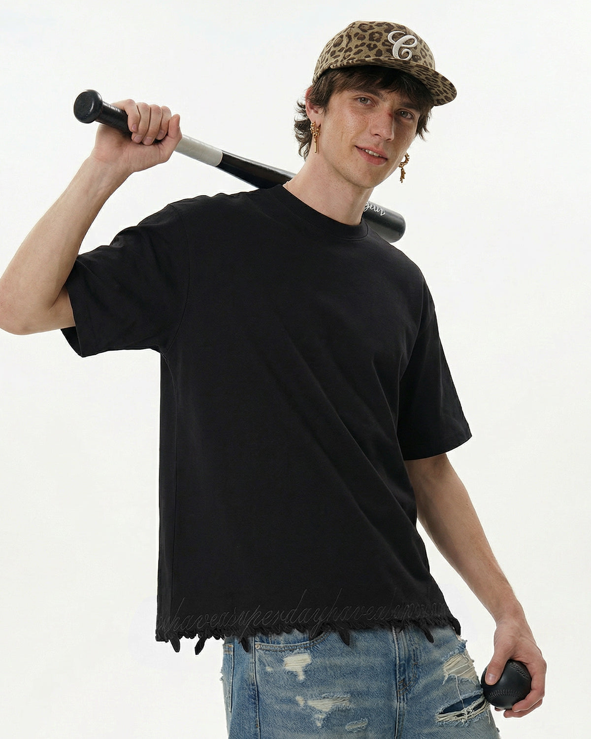 Omygoods Embroidered Frayed Hem Oversized T-Shirt