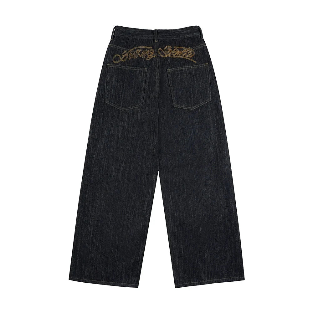Omygoods Embroidered Raw Baggy Jeans