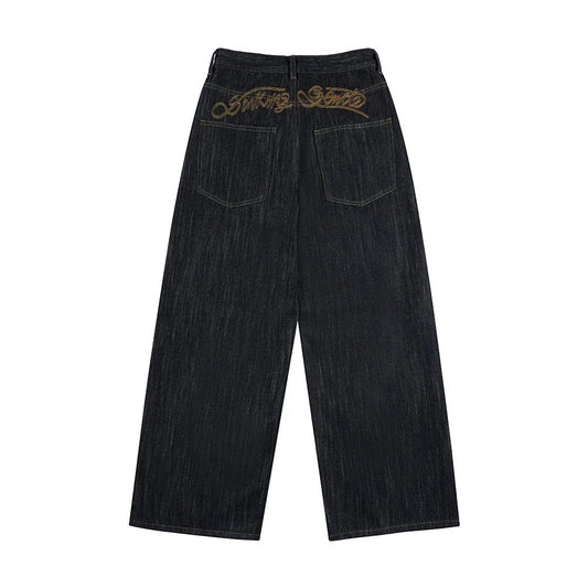 Omygoods Embroidered Raw Baggy Jeans
