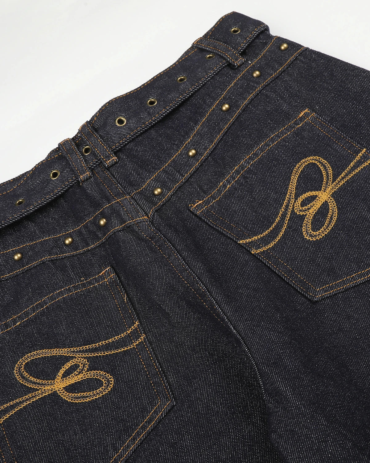 Omygoods Belted Studded Cuff Barrel Jeans