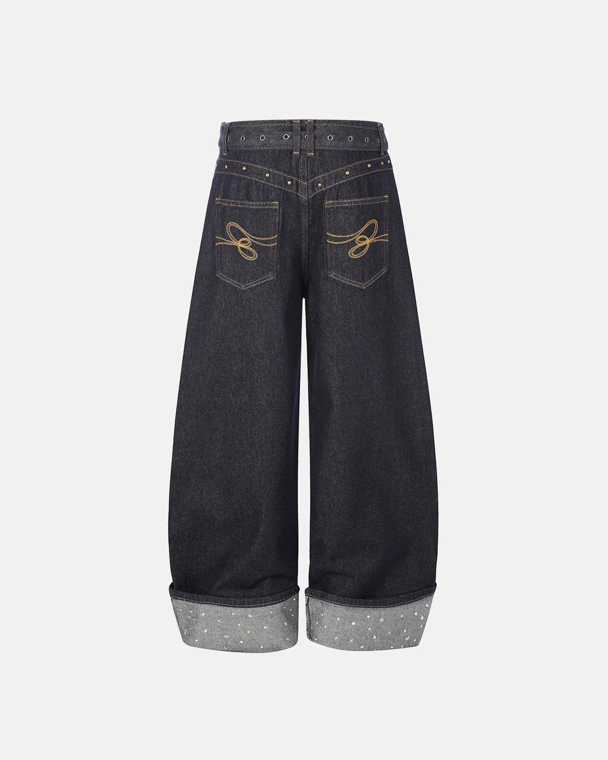Omygoods Belted Studded Cuff Barrel Jeans