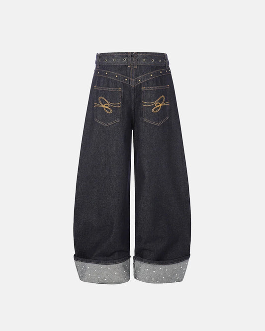 Omygoods Belted Studded Cuff Barrel Jeans