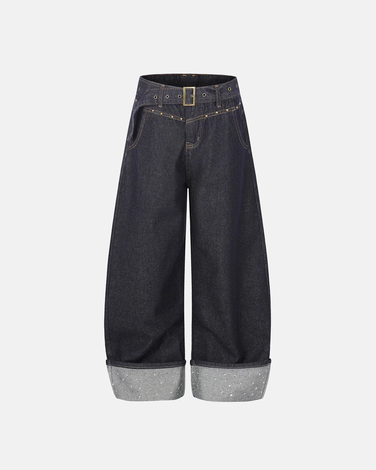 Omygoods Belted Studded Cuff Barrel Jeans