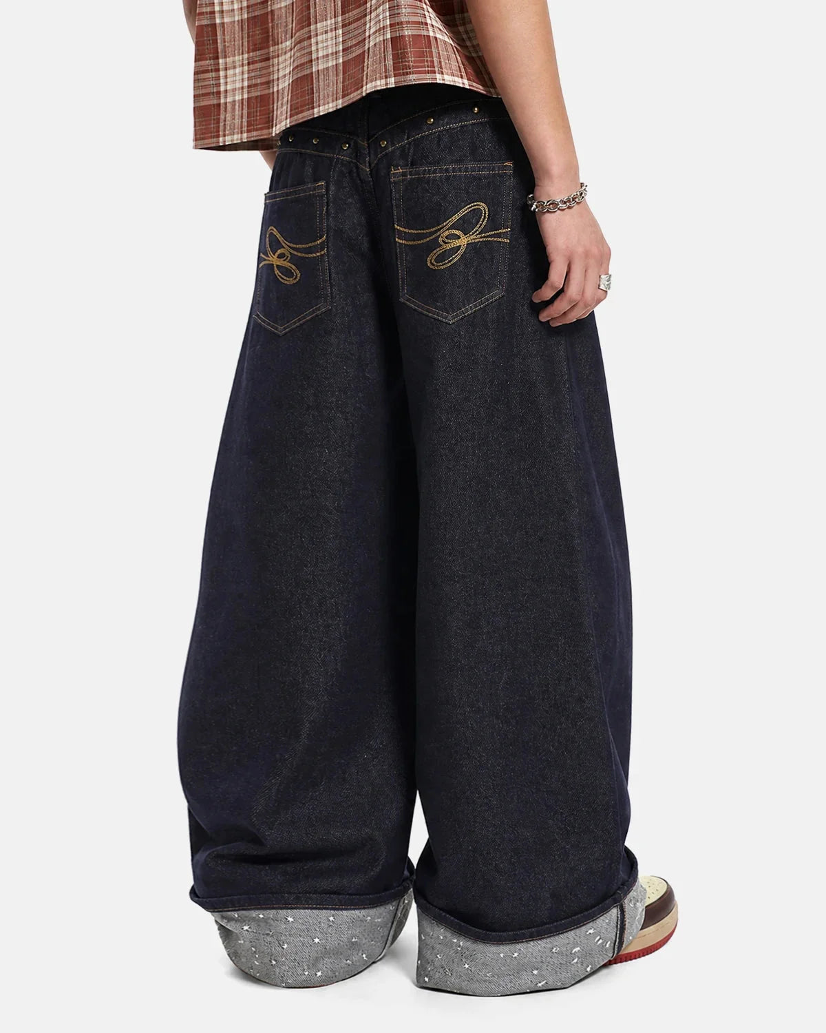Omygoods Belted Studded Cuff Barrel Jeans