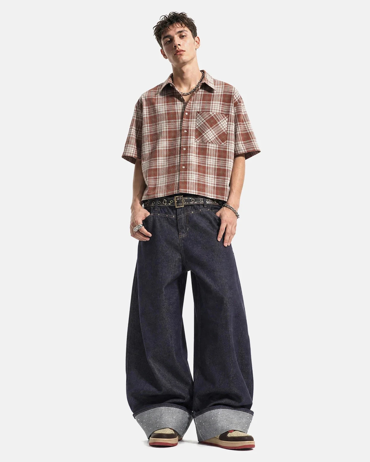 Omygoods Belted Studded Cuff Barrel Jeans