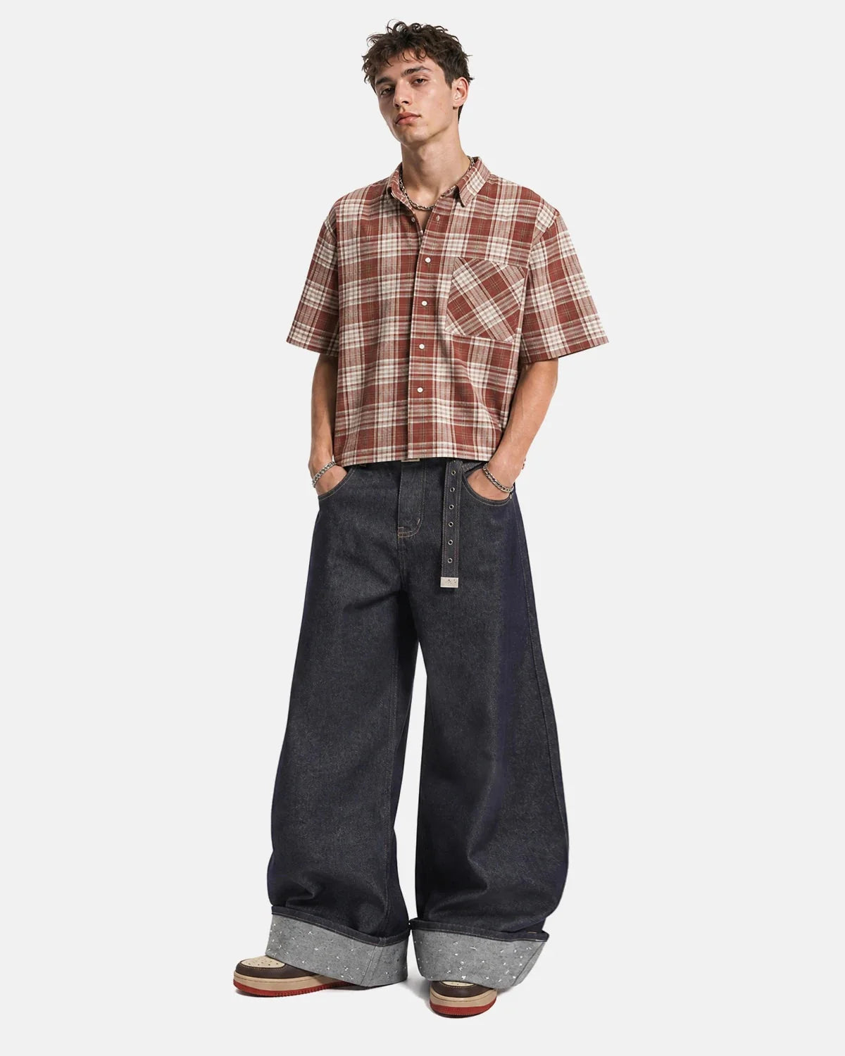 Omygoods Belted Studded Cuff Barrel Jeans