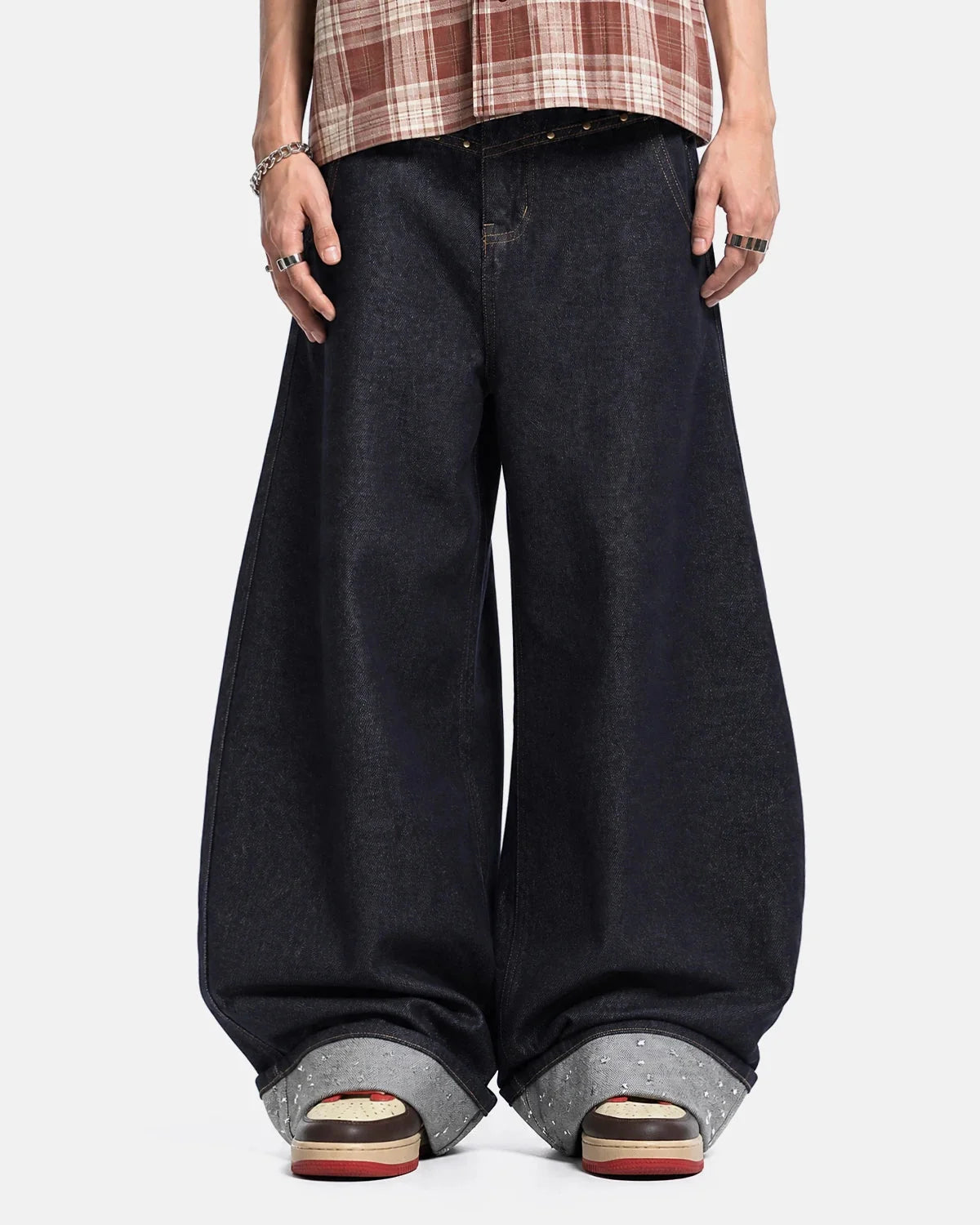 Omygoods Belted Studded Cuff Barrel Jeans