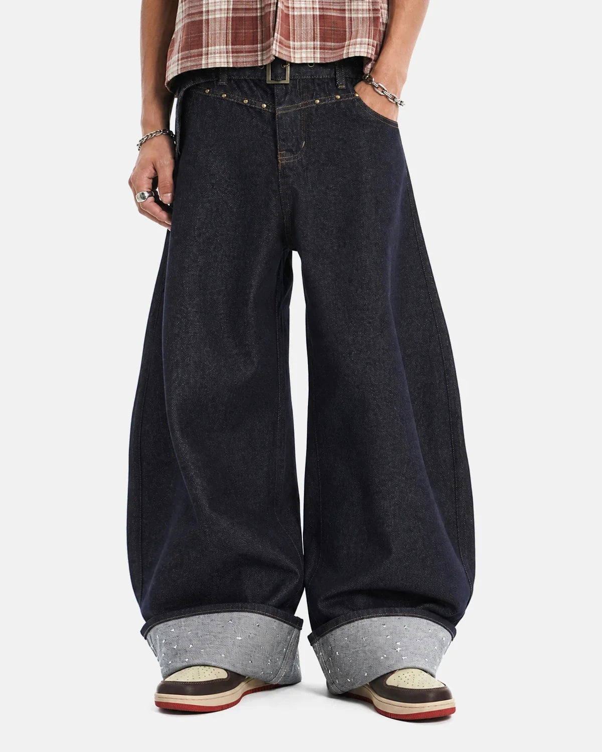 Omygoods Belted Studded Cuff Barrel Jeans