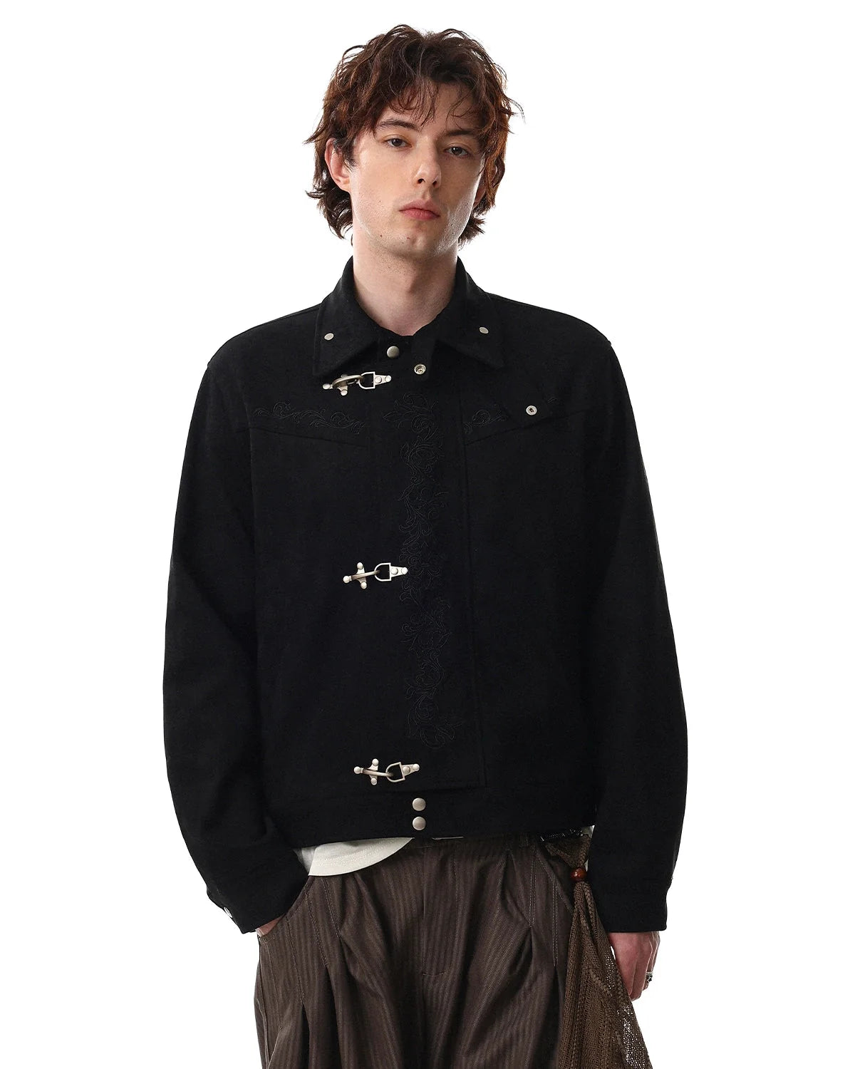 Omygoods Embroidery Jacquard Cropped Clasp Jacket