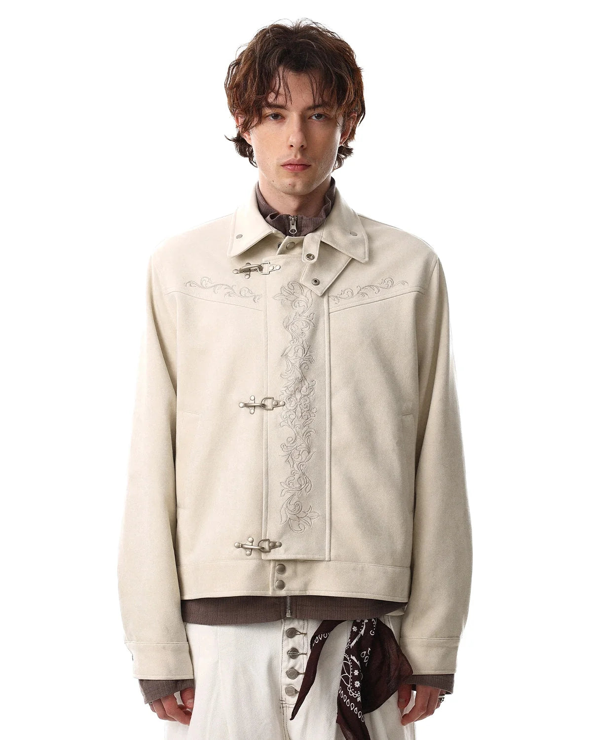 Omygoods Embroidery Jacquard Cropped Clasp Jacket