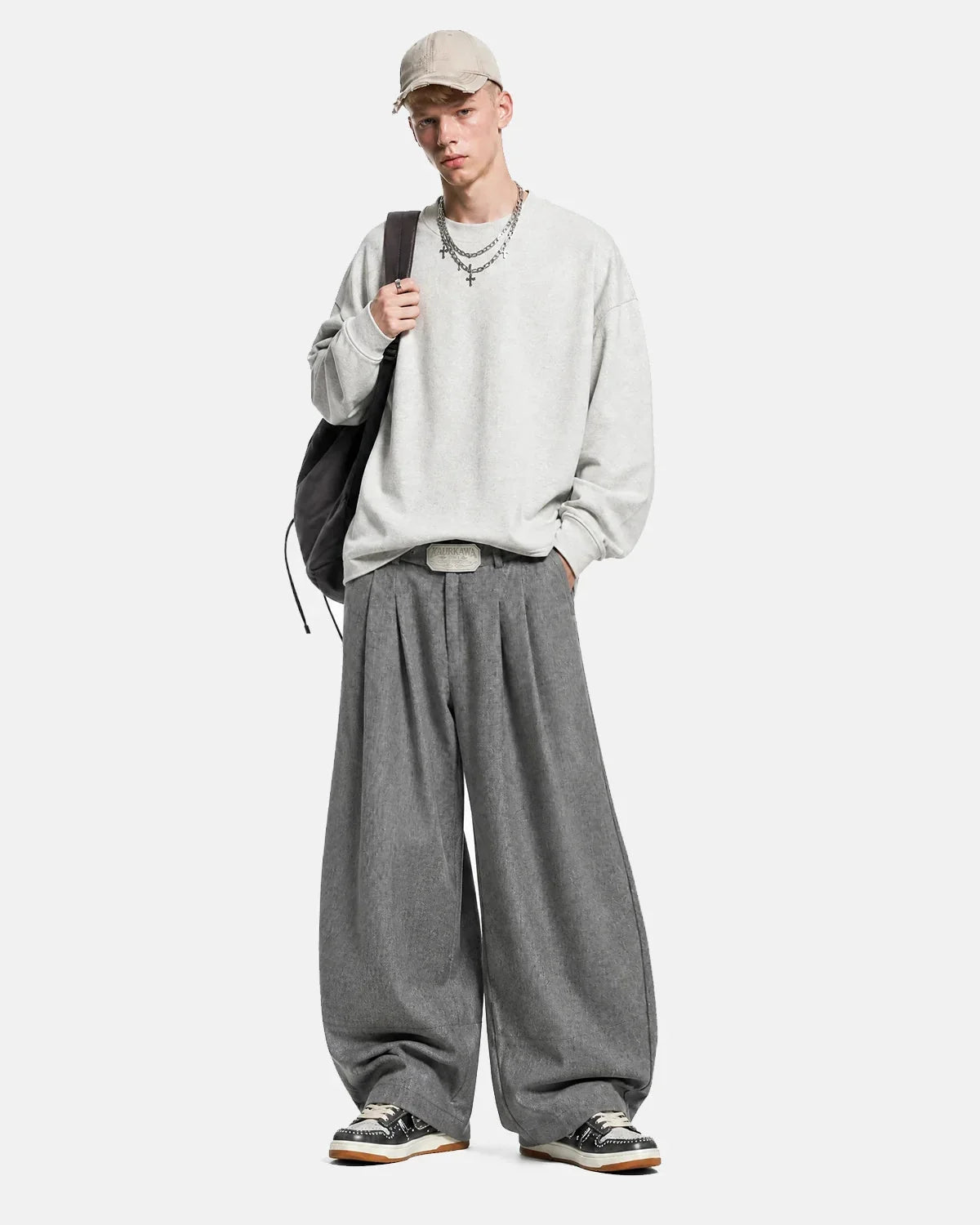 Omygoods Eyelet Waistband Pleated Barrel Tailored Pants