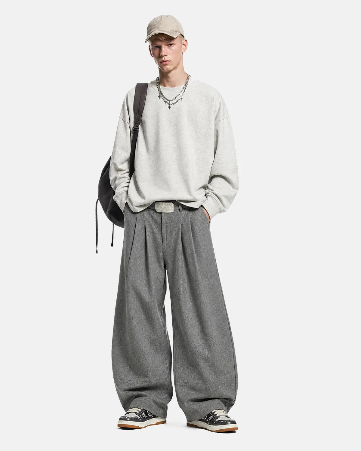 Omygoods Eyelet Waistband Pleated Barrel Tailored Pants