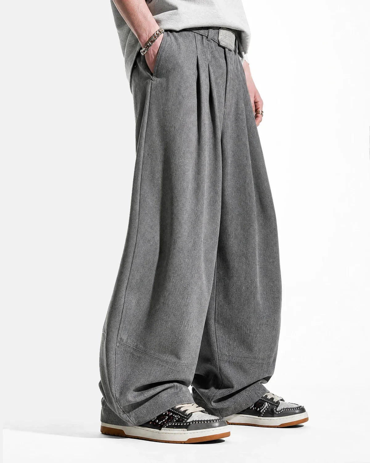 Omygoods Eyelet Waistband Pleated Barrel Tailored Pants