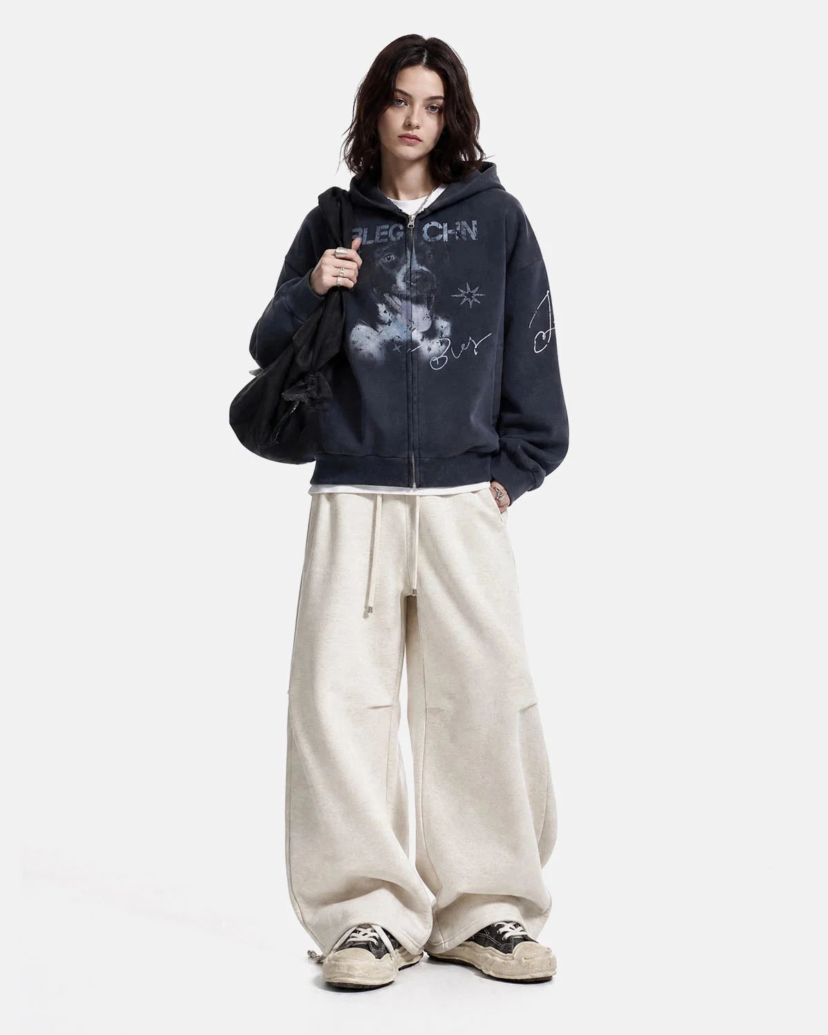 Omygoods Faded Dog Graphic Zip Up Hoodie