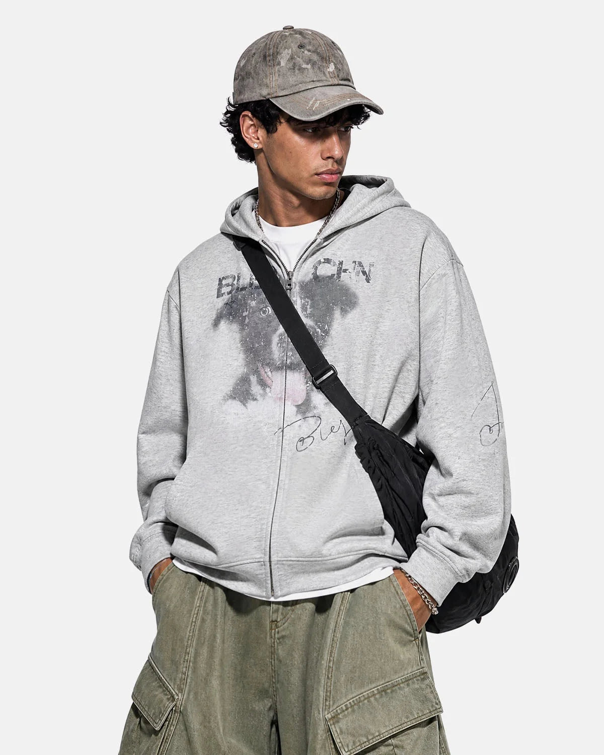 Omygoods Faded Dog Graphic Zip Up Hoodie