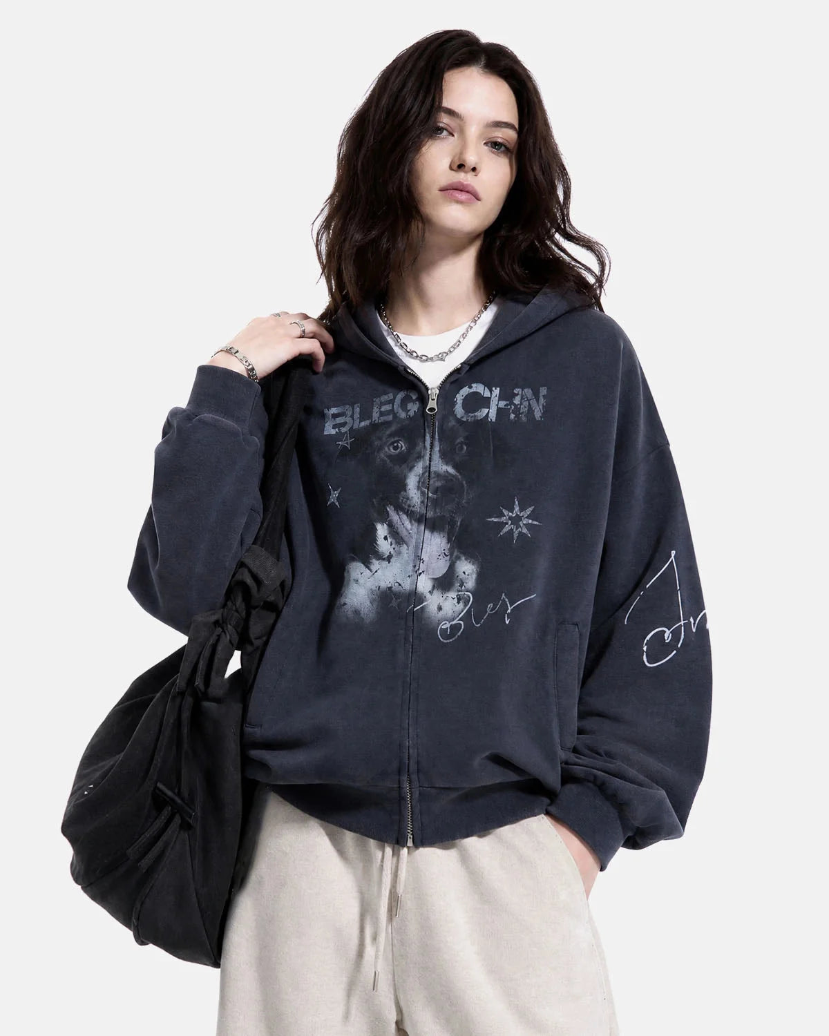 Omygoods Faded Dog Graphic Zip Up Hoodie