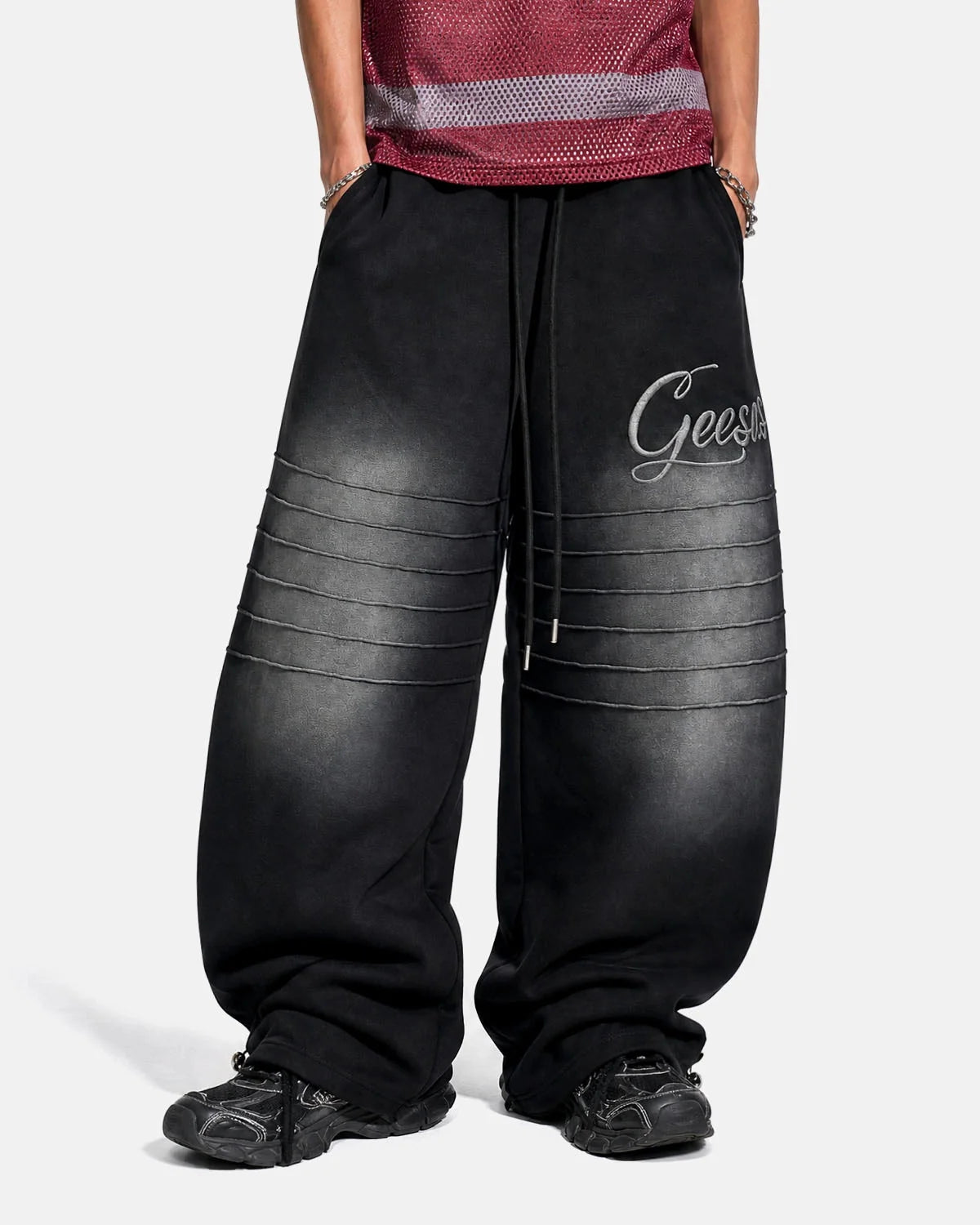Omygoods Faded Embroidered Script Barrel Sweatpants