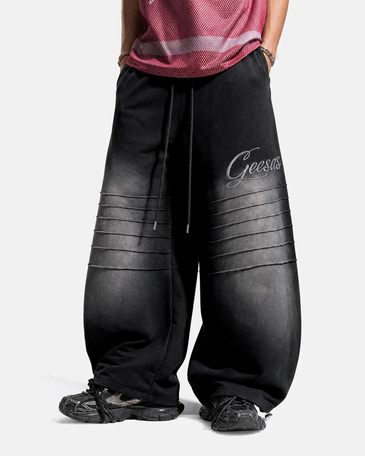 Omygoods Faded Embroidered Script Barrel Sweatpants