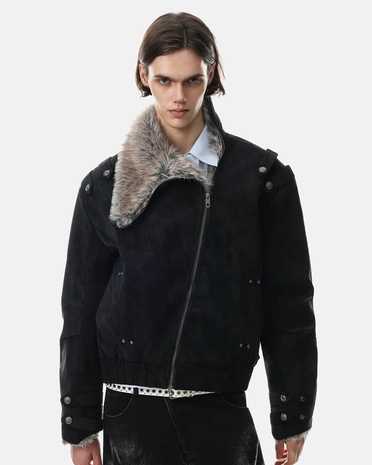 Omygoods Faux Fur Asymmetric Zip Padded Jacket