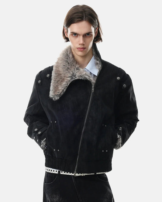 Omygoods Faux Fur Asymmetric Zip Padded Jacket